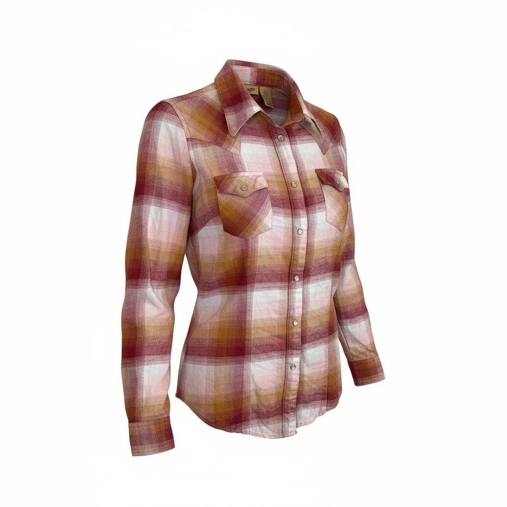 Wrangler Women Pearl Snap Plaid Flannel Shirt Red Cream Chest‎ Pockets Small
